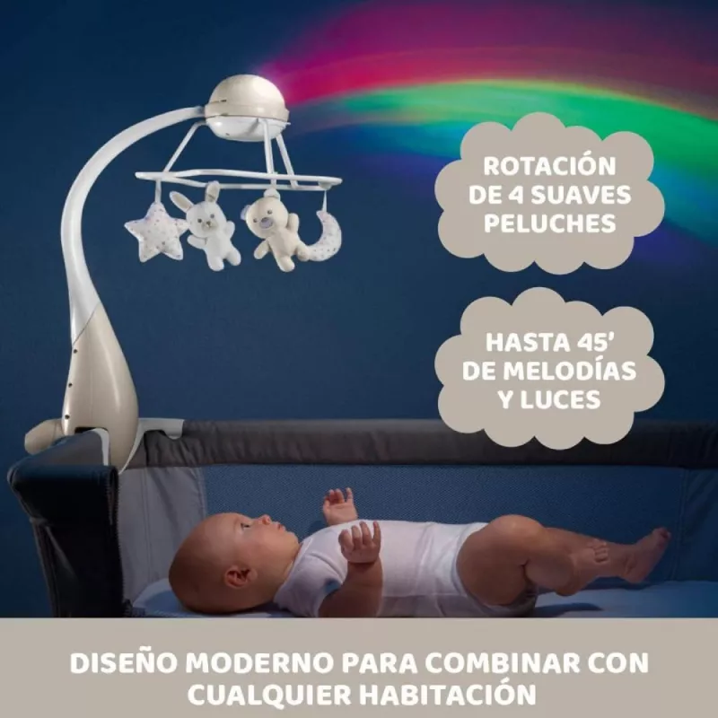 Chicco Móvil Cuna Con Proyector Arcoiris beige funciones