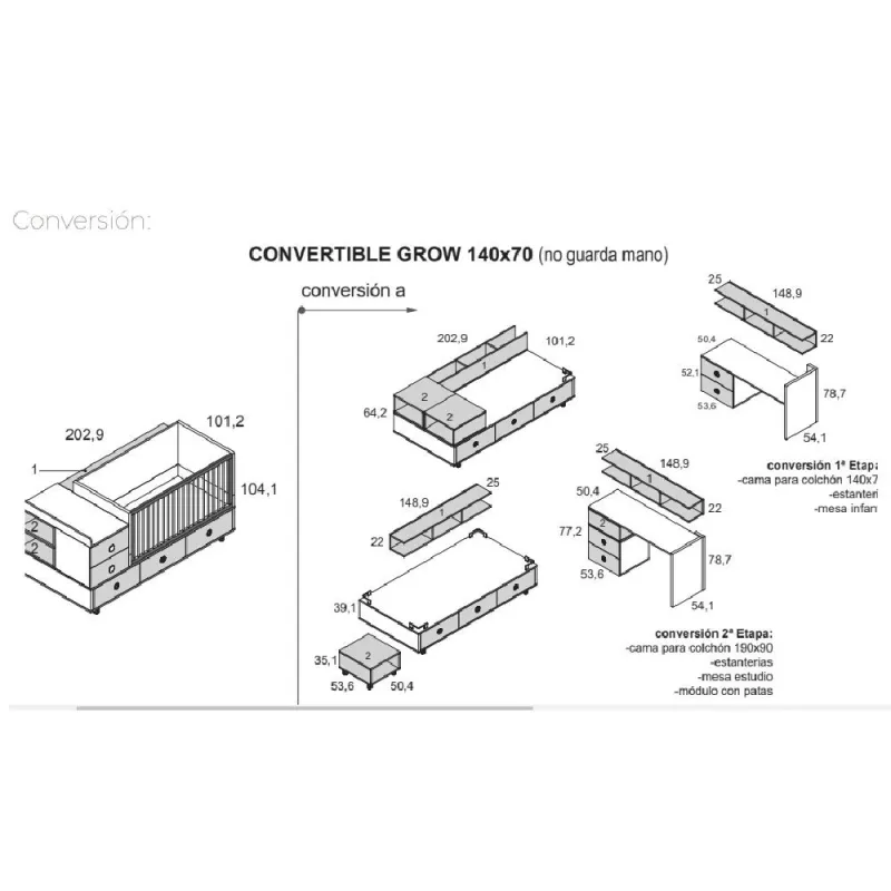 Ros Cuna Convertible Grow 140x70 cm conversion