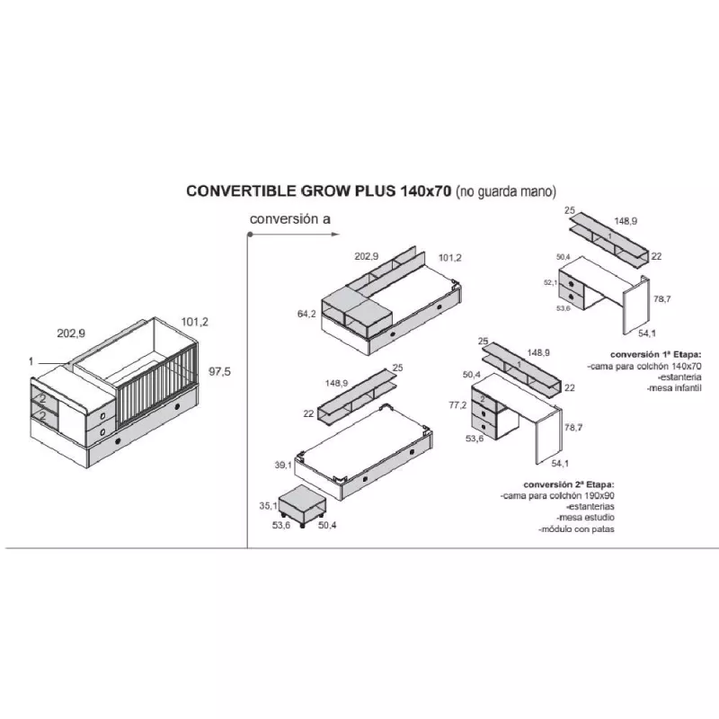 Ros Cuna Convertible Grow Plus 140x70 cm conversion