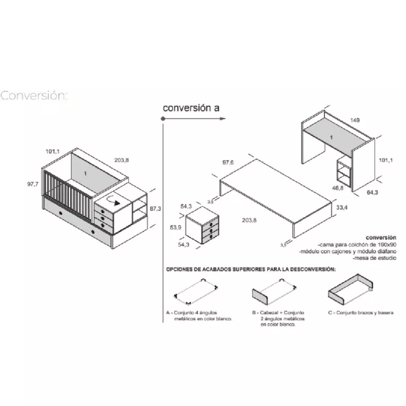 Ros Cuna Convertible Fusion-15 140x70 cm medidas