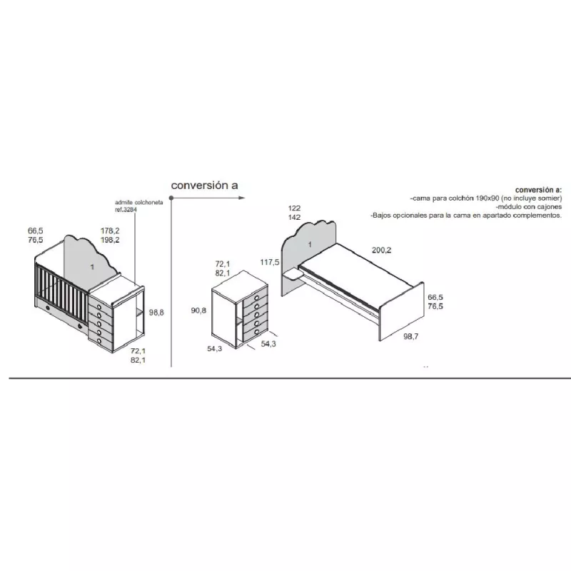 Ros Cuna Convertible Elite Plus 60x120 cm medidas