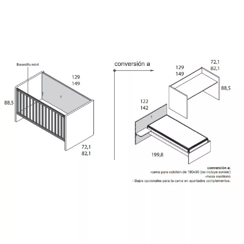 Ros Cuna Convertible Nano 140x70 cm medidas